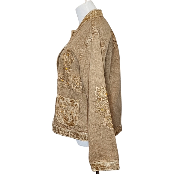 JACKET FLASHBACK Brown/Gold Embroidery Rhinestones Buttons Pockets Sz Lg - Picture 4 of 16